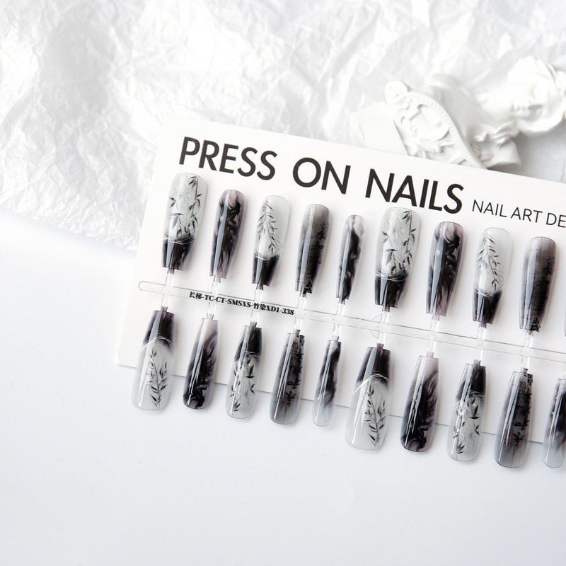 New Chinese Style Nail Art Bamboo Ink Background Pre-Made Nail Tips Gradient Smudged Wearable Nails Fake Nail Tips Wholesale