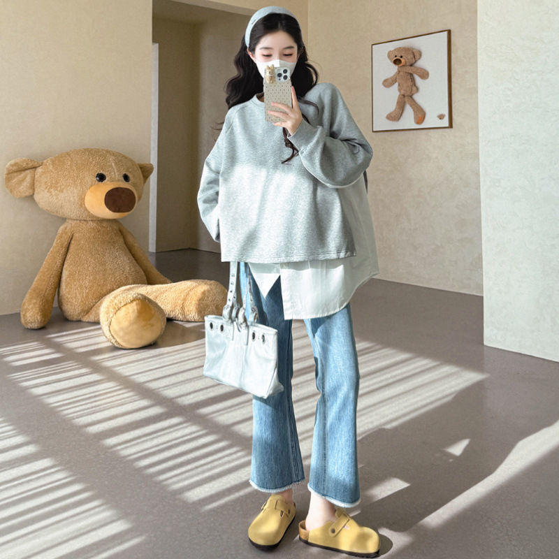 现货孕妇装美式灰色孕妇卫衣秋慵懒宽松休闲假两件上衣宽松遮臀|undefined