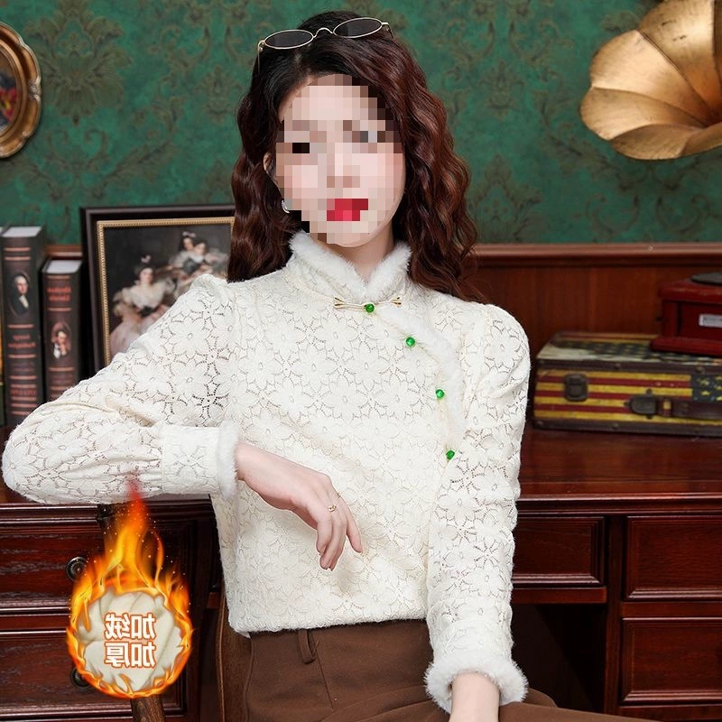 Fleece retro shirt, long-sleeve, demi-season cheongsam
