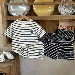 Boys Striped T-shirt Short Sleeve Set 23 New Children's Shorts Bear Embroidered Baby Summer Clothes Two-Piece Set