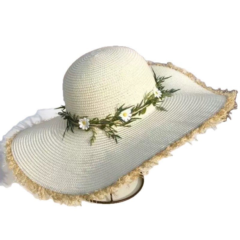 48cm大帽檐拉菲草帽度假民族风草帽雏菊花朵遮阳防晒帽子女沙滩帽|undefined