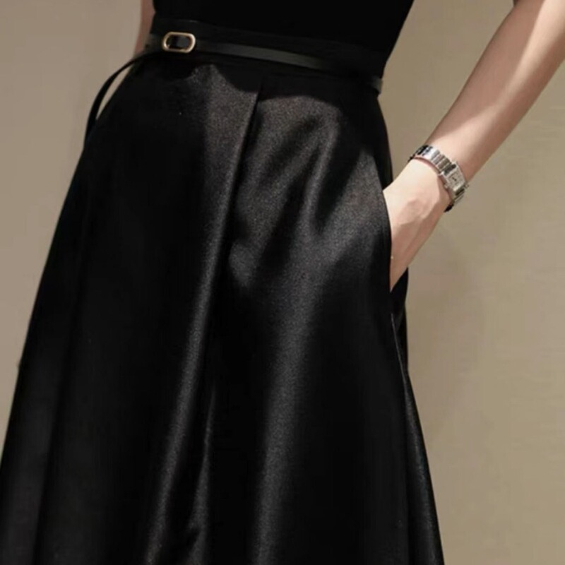 New Slimming and Structured Black Midi Skirt, Versatile Midi Skirt, Umbrella Skirt 9209