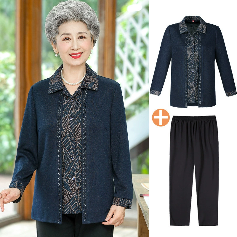 Осенняя одежда для бабушки, кардиган из двух предметов, Женская Осенняя рубашка для старой матери, топ, весеннее и осеннее пальто для пожилых людей