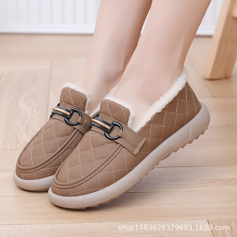 Women's Cotton Shoes, Fashionable, Comfortable, Non-Slip, Thick-Soled Slip-On Mom's Cotton Boots, Fleece-Lined, Warm Pu Leather Loafers, Lazy Cotton Shoes