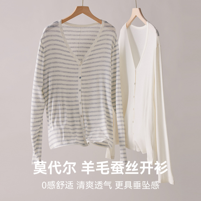 Korean-Style Thin Knit Cardigan for Women, Spring and Autumn Modal Wool Silk Long-Sleeve Jacket, Slim Fit Casual Top
