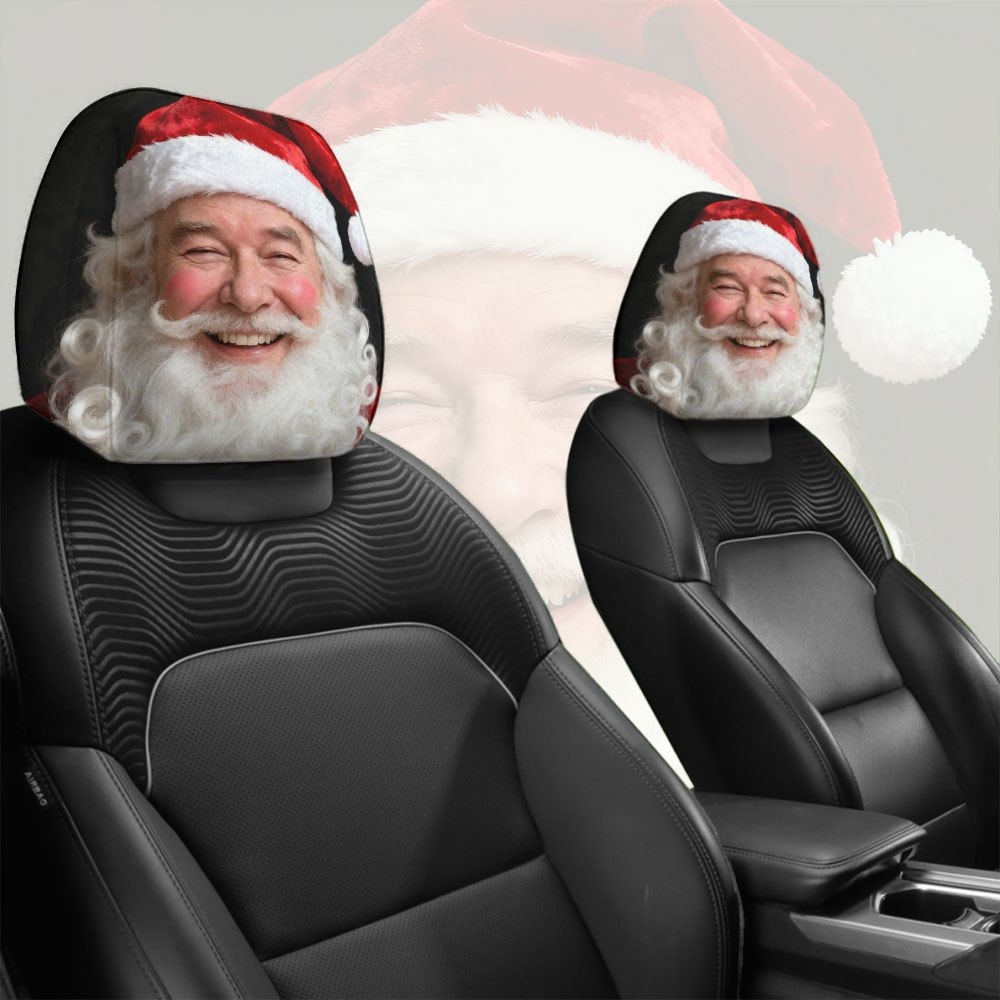 Car headrest cover with realistic smiling Santa Claus print, personalized design, universal fit for cars, can be customized with logo and made to order