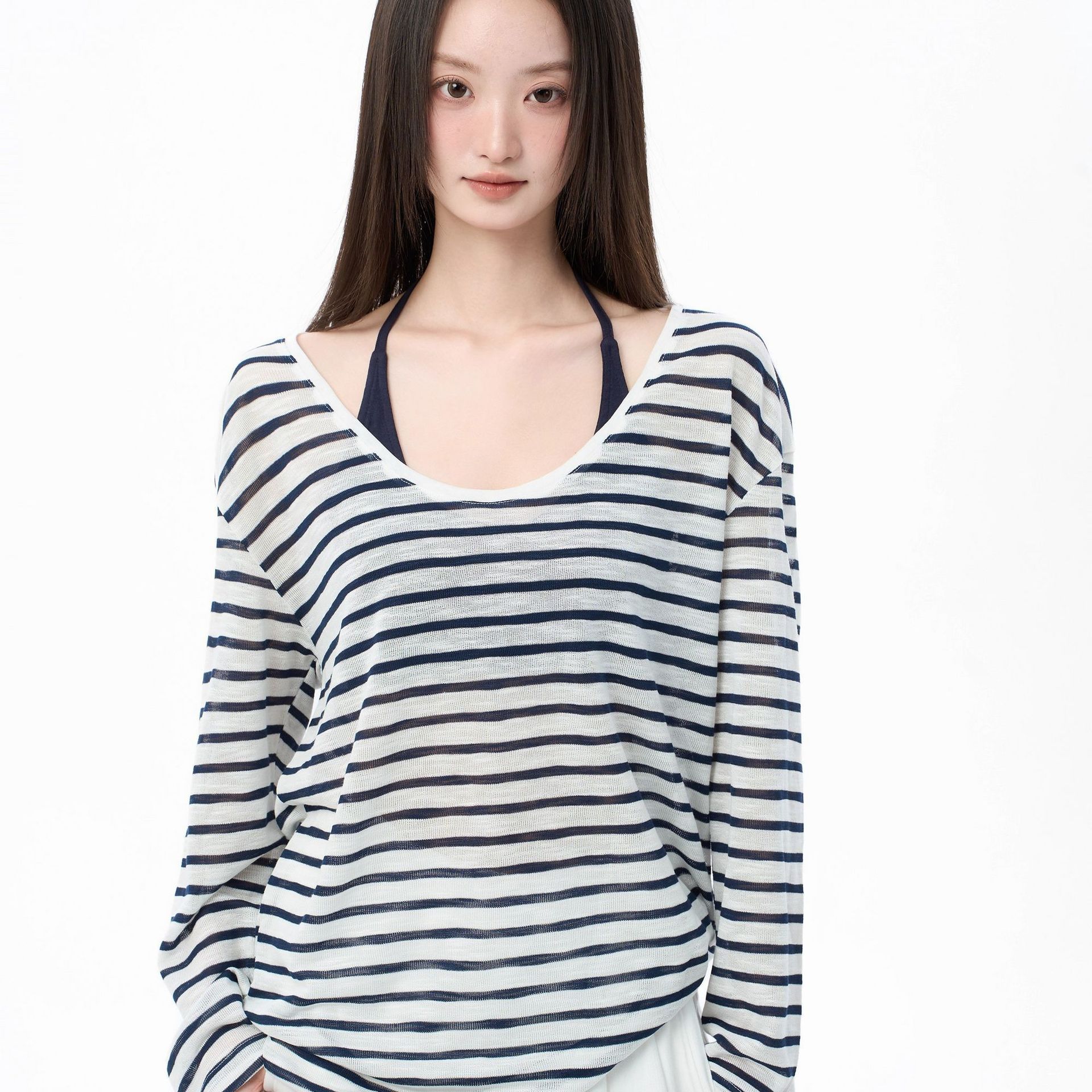 Korean-Style Striped Off-Shoulder Sun-Protective Long-Sleeve T-Shirt with Chest Pads for Women, New Summer Fashion Versatile Trendy Top