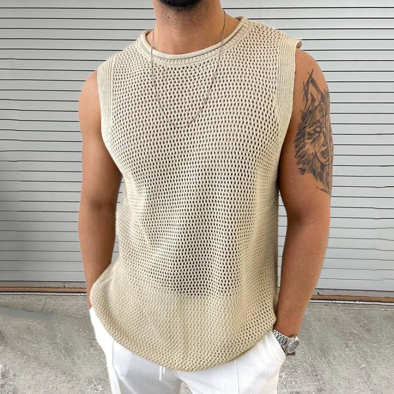 2026 Summer New Style Knitted Sweater Men's Round Neck Sleeveless Hollow Pullover Cross-Border Amazon European and American Vest