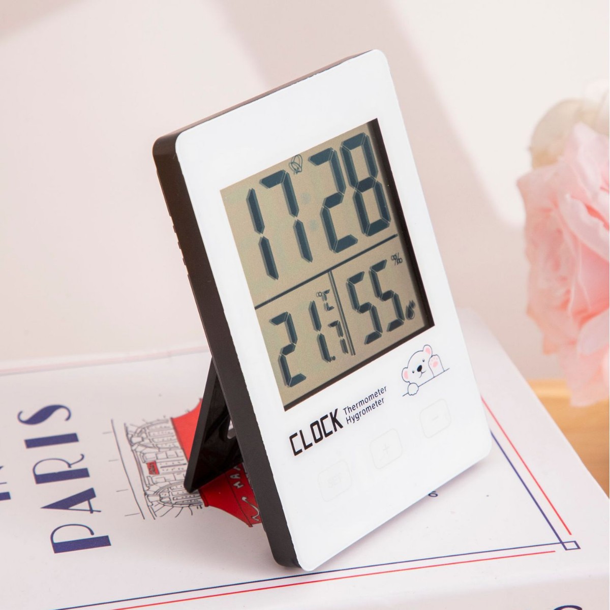 Termómetro electrónico, termómetro e higrómetro para interiores en el hogar, decoración de escritorio de la habitación del bebé, mini reloj despertador, cómoda expresión electrónica