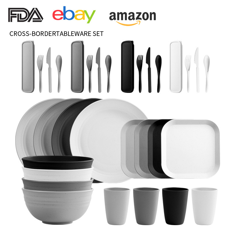 Amazon Wheat Straw Household Soup Bowl Water Cup Tableware Outdoor Convenient Bowl Plate Tableware suit Factory Outlet