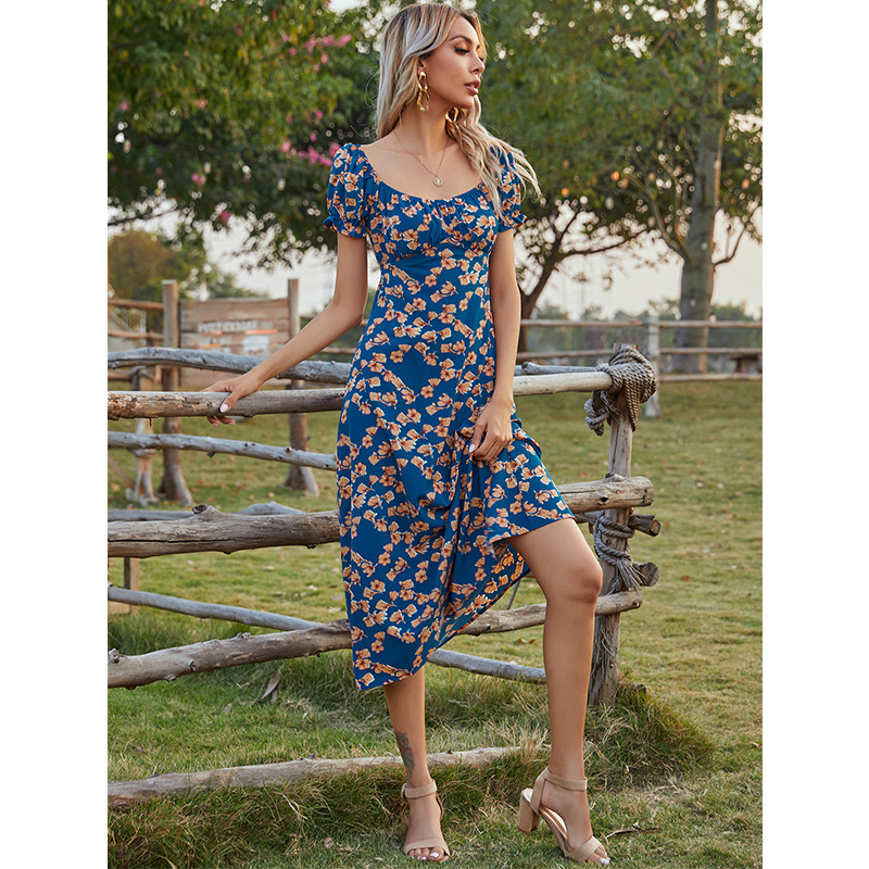 fashion square neck short-sleeved printed mid-length dress NSMAN53275