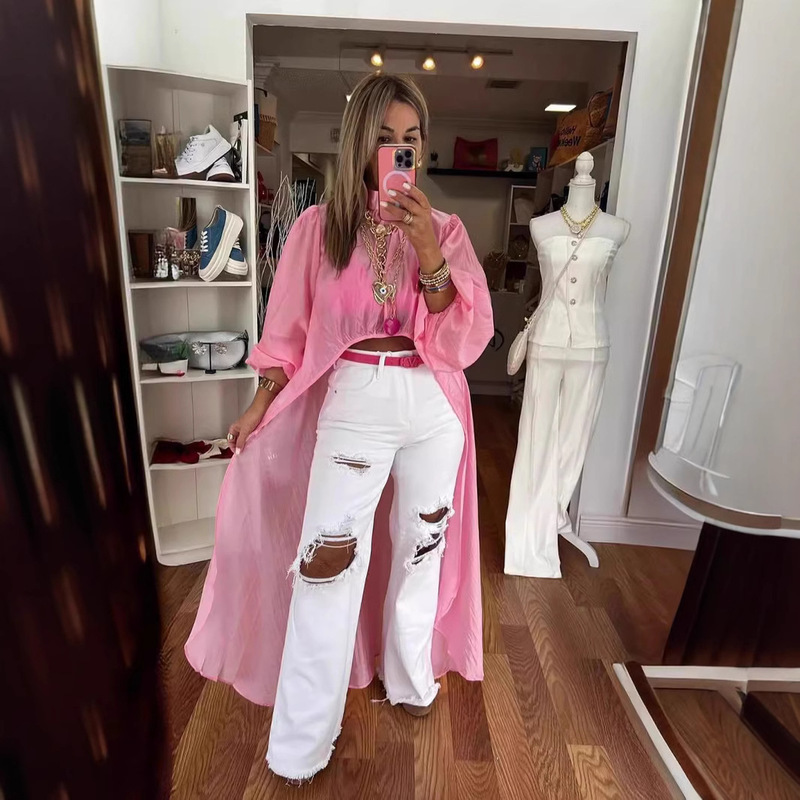 2025 European and American Summer Thin Waist Bubble Long-sleeved Irregular Top Women's Shirt dress