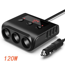 120W新款车载点烟器一拖三带开关电压显示4USB车载点烟器充电