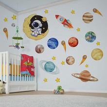 B18604新款卡通手绘太空系列宇宙星球儿童房客厅卧室背景自粘墙贴
