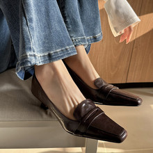 法式复古小猫跟通勤方头单鞋中口新款真皮细跟牛皮中跟穆勒女潮鞋