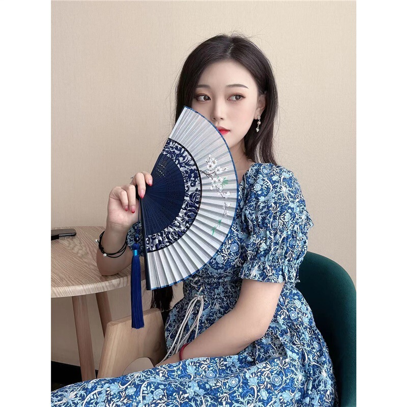 中国風の二重節扇子折りたたみ布張りレトロスタイルチャイナドレス漢服小型扇子ポータブル夏の女性のダンス扇子|undefined