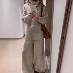 秋冬新款穿搭一整套针织休闲套装女慵懒风阔腿裤＋针织开衫两件套