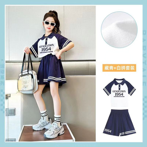 Girls Summer Thin Sports Suit 2023 New Medium and Large Children Girls Printed Polo Shirt Five-Piece Pants Two-piece Set