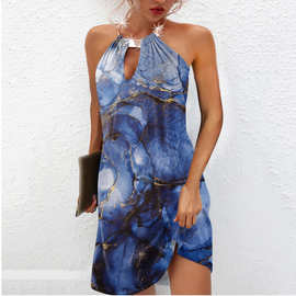 女士休闲水墨烫金印花宽松金属项链挂脖连衣裙 亚马逊欧美跨境跨