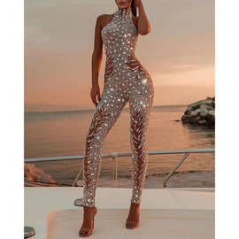 Sprinkle gold perspective sexy jumpsuit洒金性感挂脖连体裤女