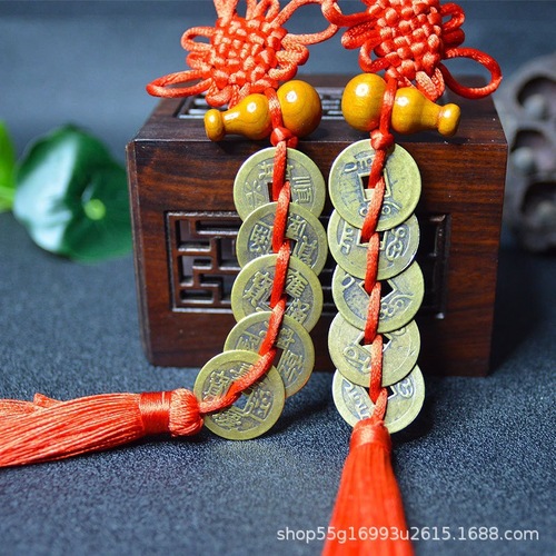 Wholesale Factory Copper Coin Five Emperors Coin Pendant Chinese Knot Car Ornament Feng Shui Decorative Item Peach Wood Craftsmanship