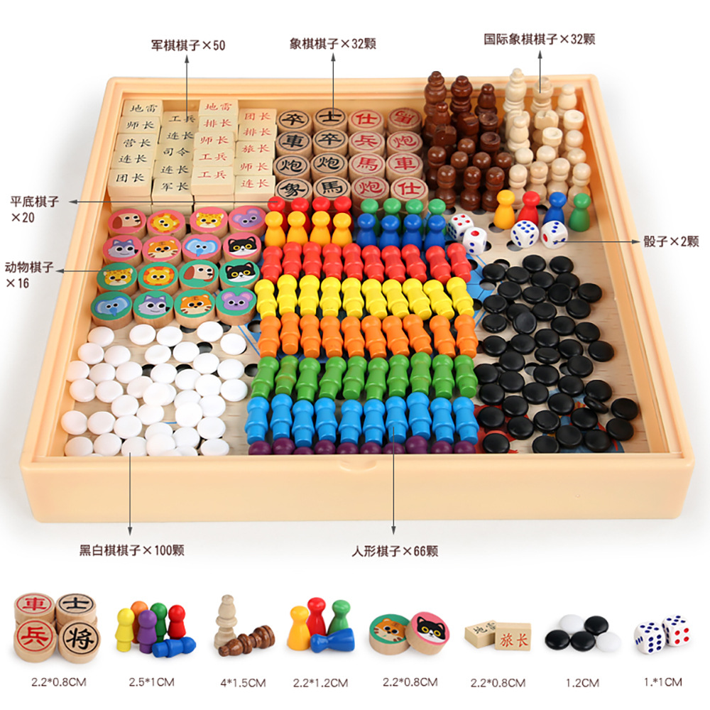 Caja de regalo portátil para niños transfronteriza multifunción catorce en uno juego damas damas voladoras backgammon juguetes de madera