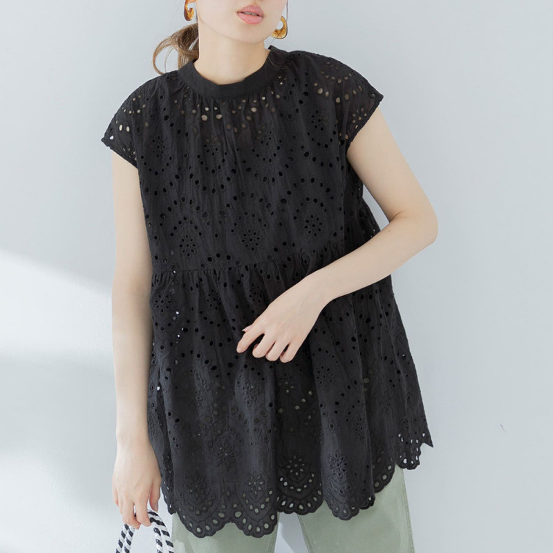 Japanese-Style Hollow-Out Embroidered Shirt for Women, Summer Fresh Short-Sleeve Lace Loose Blouse Doll Shirt Trendy
