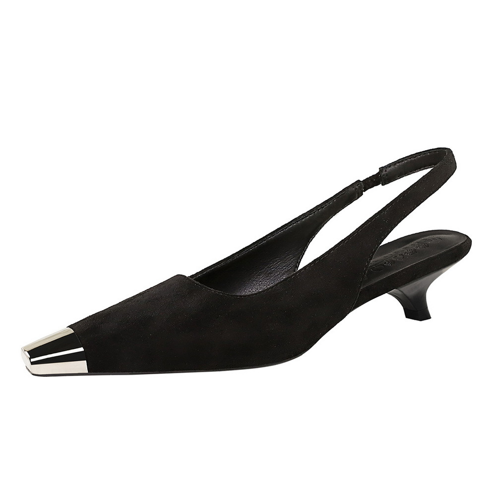 5316 Korean version metal pointed suede women's shoes with shallow mouth and low strap, custom-made shoes for women's wine glasses and empty shoes after banquets