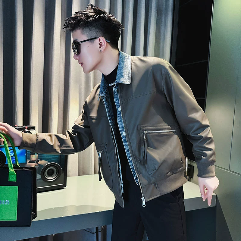 Осенний и зимний владелец социального парня поддельные две кожаные куртки куртка хаки 2