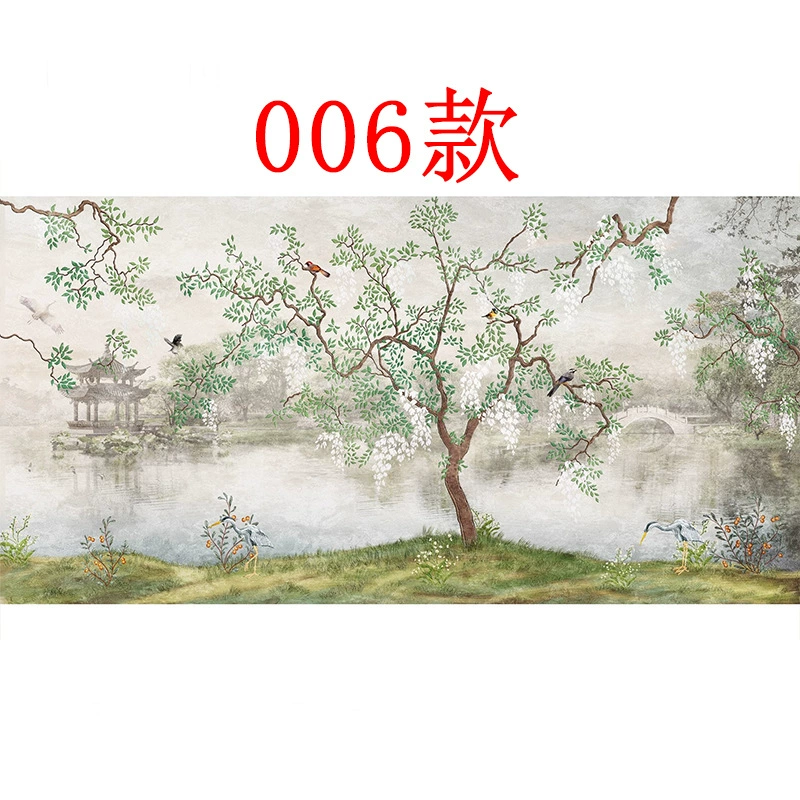 Wall mural wallpaper, green Chinese‑style flowers and birds, seamless TV background, multiple materials