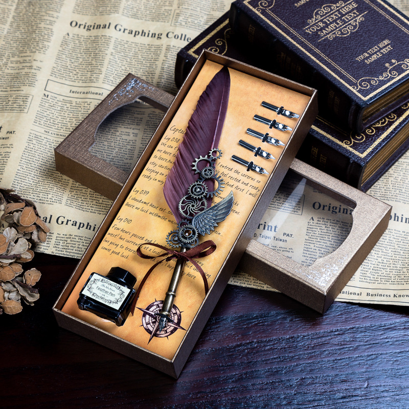 Juego de plumas mecánicas, juego de plumas con engranajes, pluma punk, pluma con alas, pluma de inmersión con plumas
