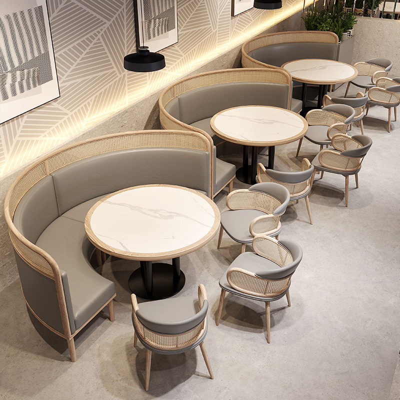 Solid Wood and Rattan High-End Chinese-Style Restaurant Tables and Chairs, Coffee Shop, Tea Restaurant, Noodle Shop, Restaurant Double Booth Set
