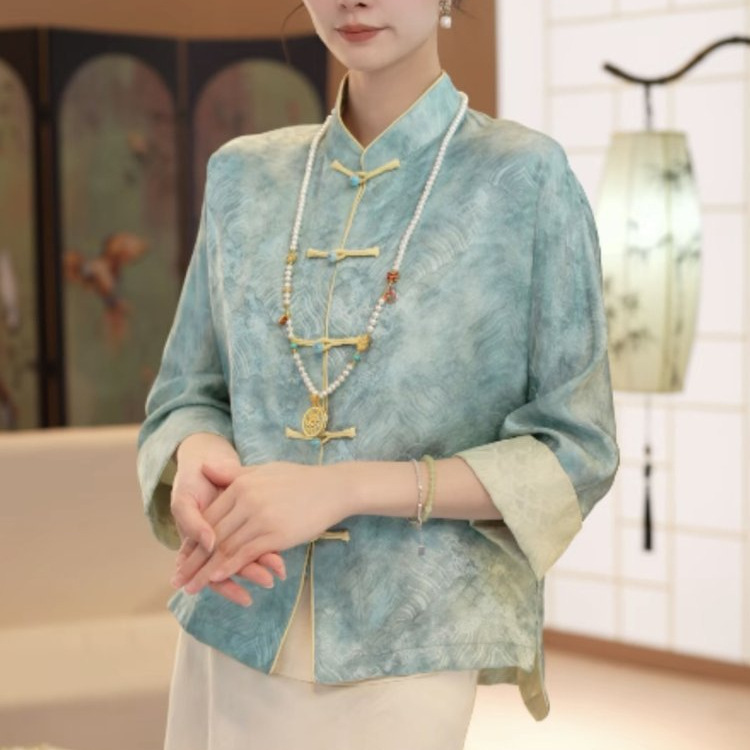 宋锦国风外套双面穿立领盘扣年轻款重工新中式提花上衣女秋季|undefined