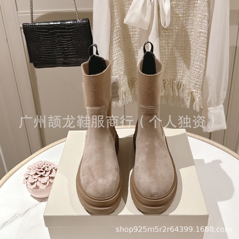 高版2025新款麂皮圆头复古粗跟厚底显瘦针织弹力套筒短靴马丁靴女|undefined