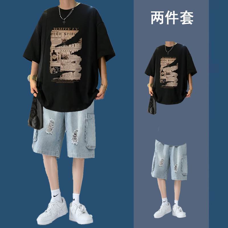 2-piece set black T-Denim shorts blue