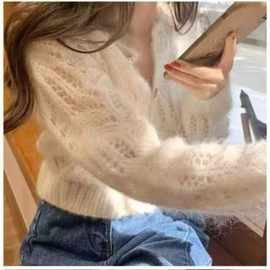 薄款镂空马海毛针织衫开衫2026年新款春季宽松小香风短款毛衣外套