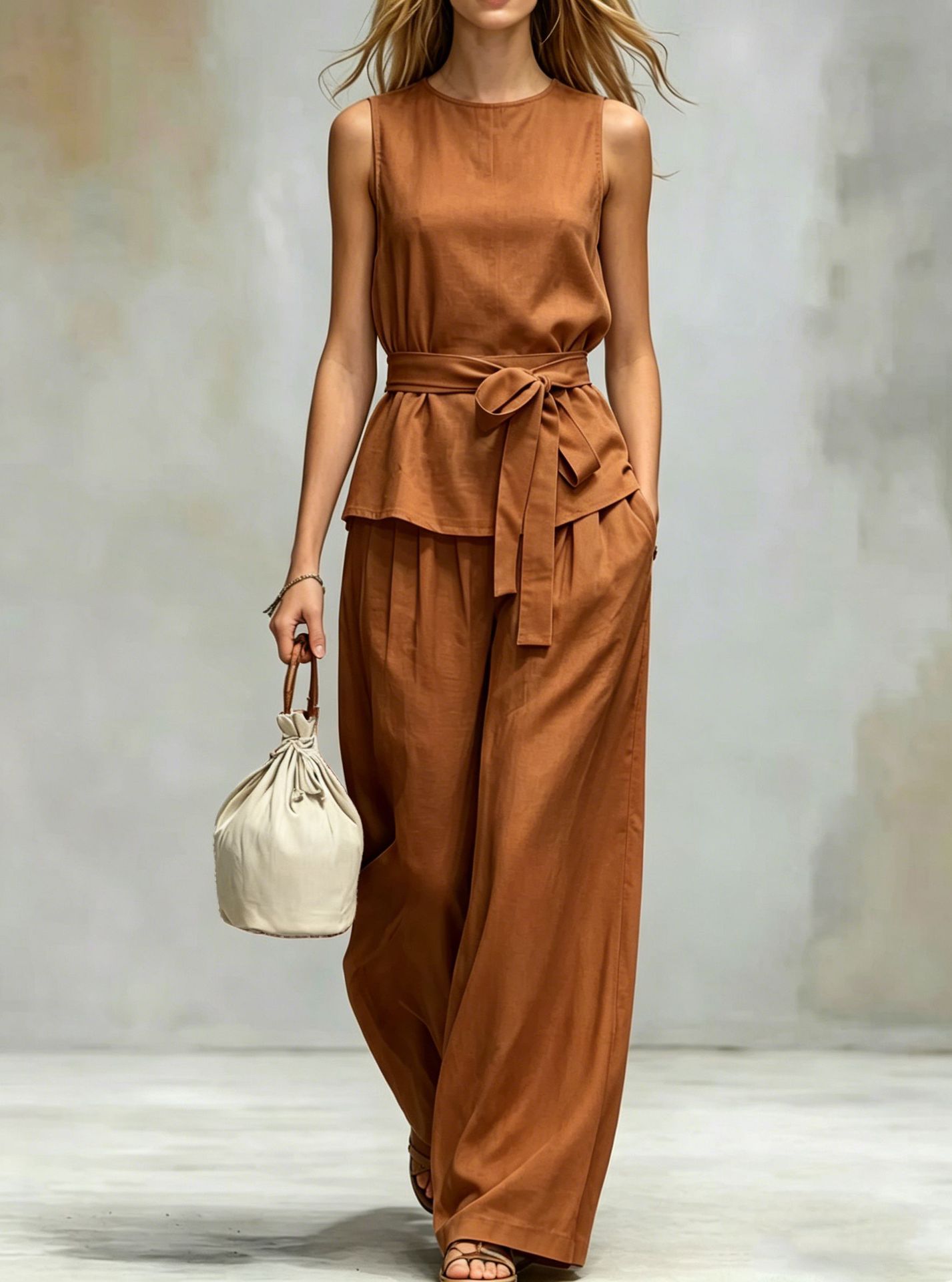 Women's Clothing Women's Spring Summer Two Piece Set Sleeveless Top And Belted Pants Casual Solid Color Style_ecoleips.com