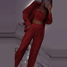 亚马逊2025夏季欧美外贸时尚新款女装长袖上衣裹胸内搭长裤三件套