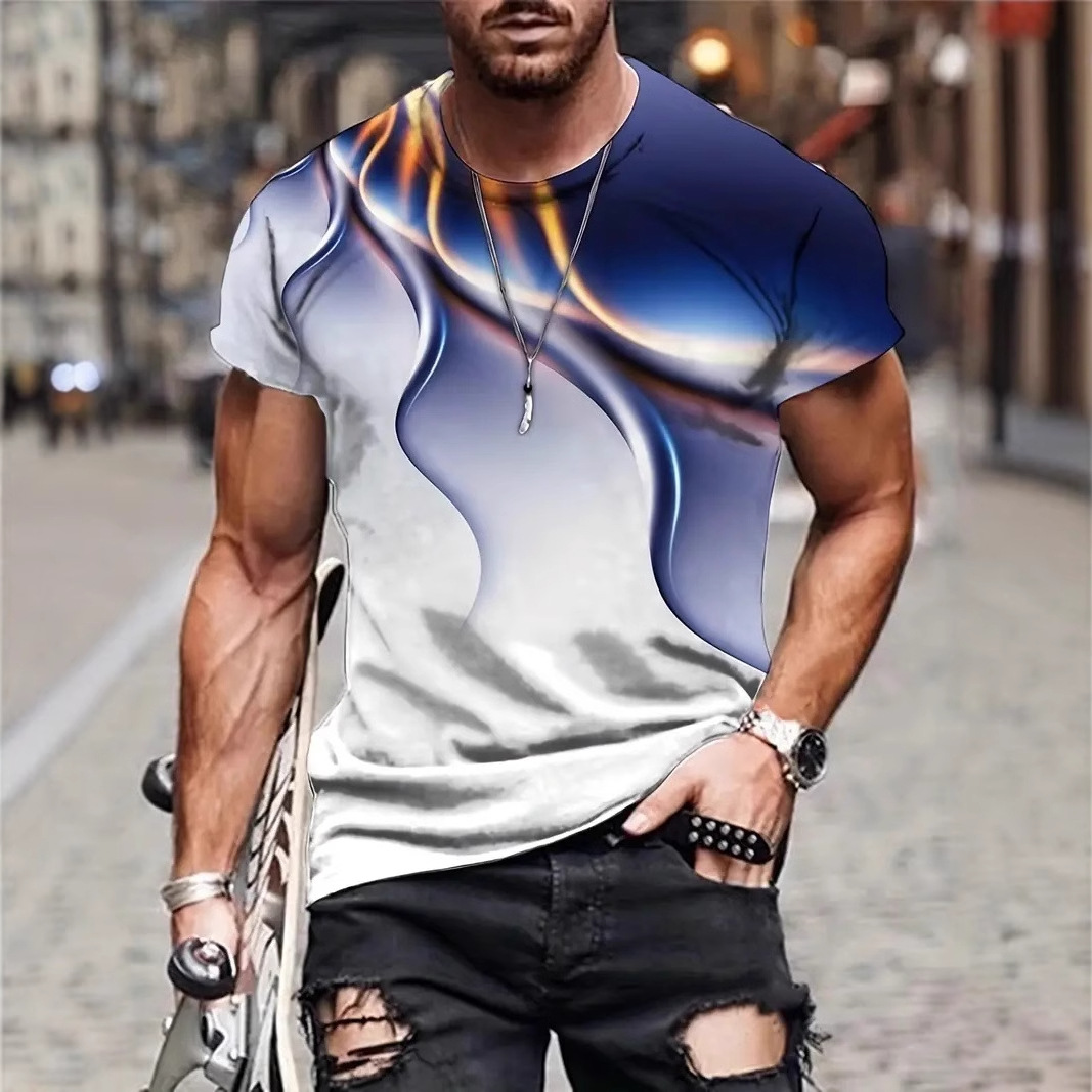 Moda metal colorido halo impresión 3D hombre calle suelta transpirable manga corta cuello redondo camiseta en stock