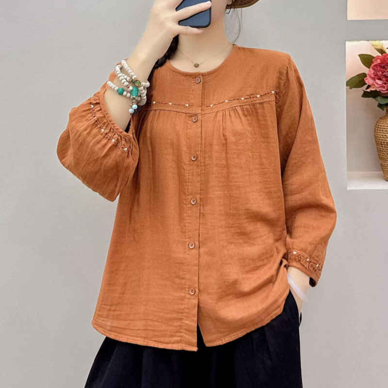 2026 Autumn New Embroidered Artistic Double-Layer Gauze Shirt for Middle-Aged Mothers, Round Neck Loose Fit Tummy-Covering Blouse for Women 2026 Autumn New Embroidered Artistic Double-Layer Gauze Shirt for Middle-Aged Mothers, Round Neck Loose Fit Tummy-Covering Blouse for Women