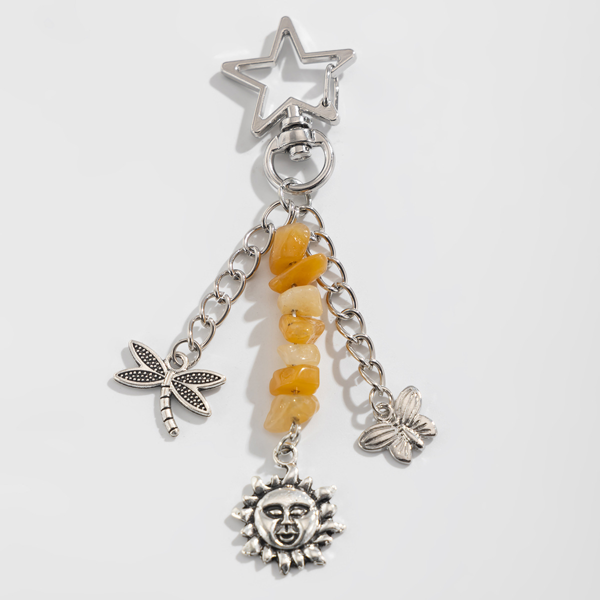 Moon And Sun Irregular Stone Keychain With Butterfly Pendant_voghion.com