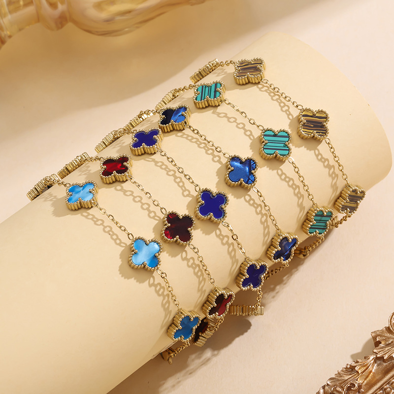 18K金电镀气质设计感爆款钛钢不掉色金色11MM双面五花四叶草手链