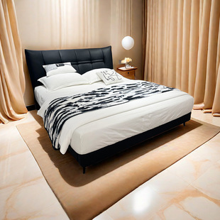 Cross-border Black Simple Leather Bed Wedding Room Master Bedroom Big Bed Room Leather Art Bed with Bedside Table Italian Storage Second Bedroom Leather Bed