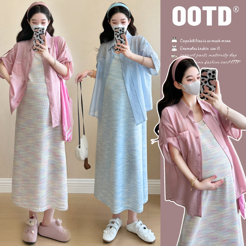 Maternity's Belly Covering New French Style Vintage Rainbow Striped Sling dress Long-Sleeved Sunscreen Shirt Two-Piece Set