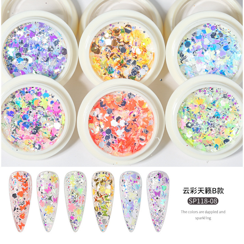 Nuevo set de decoración de uñas con purpurina de 6 colores, purpurina mixta con efecto láser degradado, purpurina para decoración de uñas con efecto ojo de hada