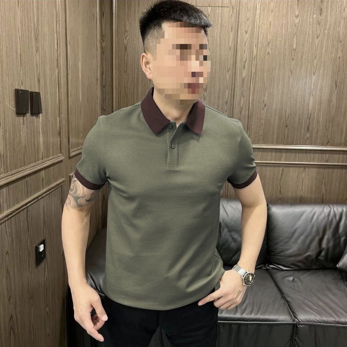 Áo polo nam tay ngắn cổ bẻ phối màu thời trang hè 2026 — màu đen, màu ô liu xanh, màu cam, Xanh lông mòng đen chi tiết 4