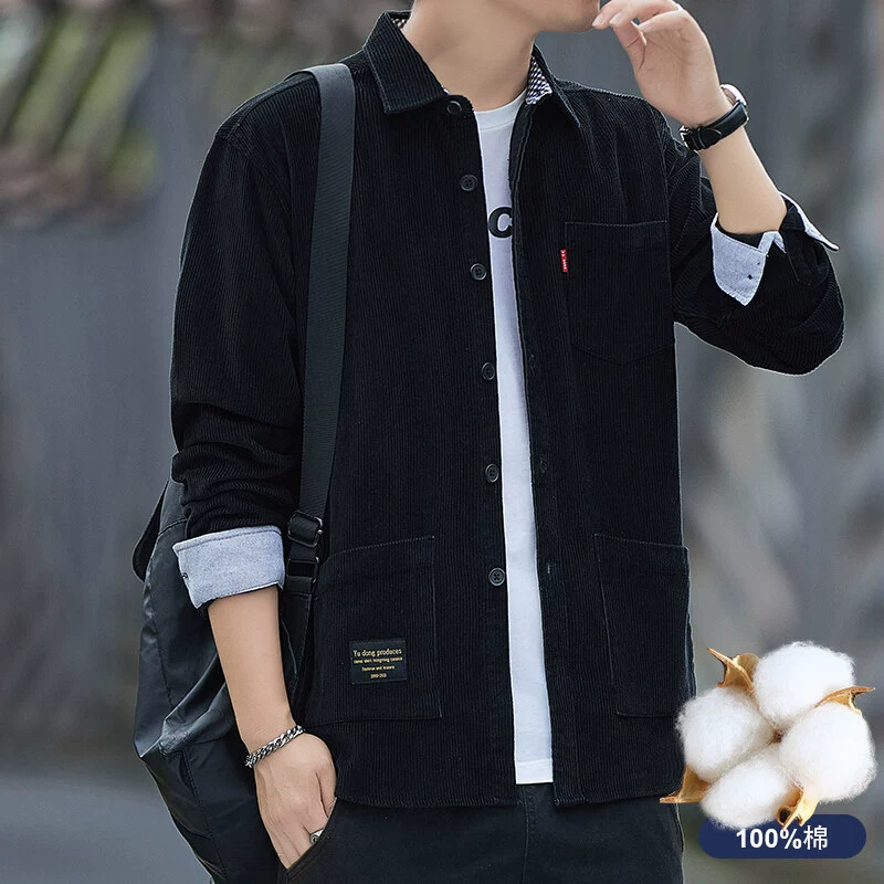 Осенняя вельветовая мужская рубашка хлопчатобумажная осенняя длинная шерстяная хлопчатобумажная рубашка гонконгский стиль повседневный сплошной топ пальто