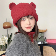 日系可爱小熊耳朵毛线帽子女秋冬新款保暖针织帽显脸小护脖护耳帽