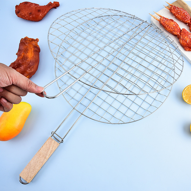 メーカー卸売ステンレス鋼焼き魚ネットラウンド木製ハンドルバーベキューバーベキューネットクリップベジタリアンステーキネットバーベキューツール|undefined
