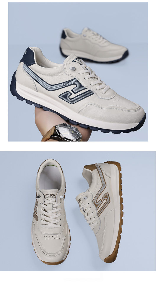 Giày sneaker nam da bò lớp đầu, kiểu Forrest Gump, da thật mỏng nhẹ thoáng khí, đế xốp, cổ thấp — Hạnh nhân trắng, Trắng xanh chi tiết 17